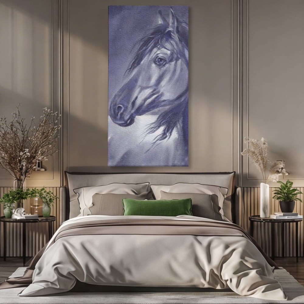 Tablou canvas cu tablou canvas cu portret de cal gri, fara rama, pe sasiu de lemn, pe perete intr-un dormitor